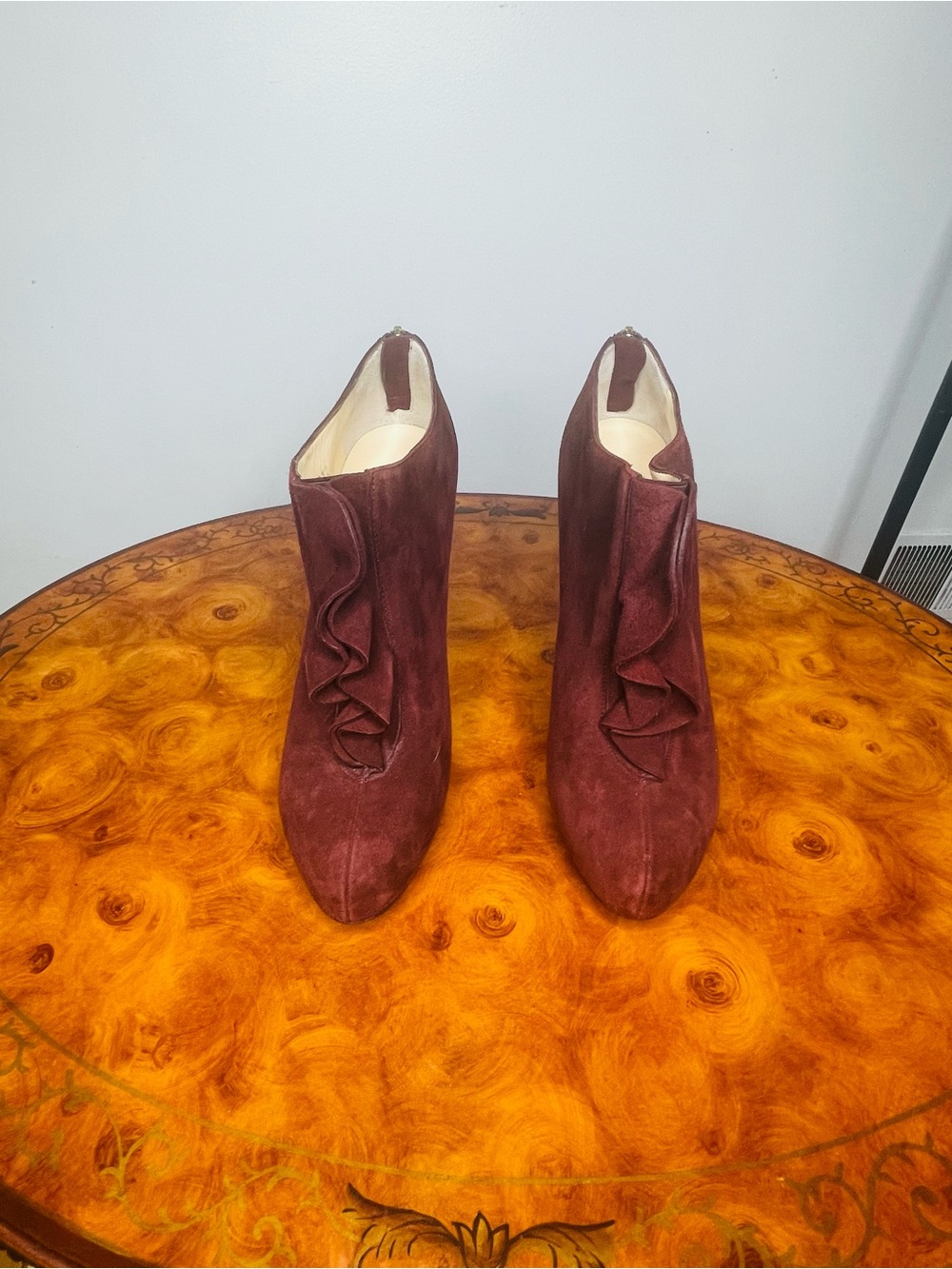 Valentino Burgundy Suede Ruffle Ankle Booties